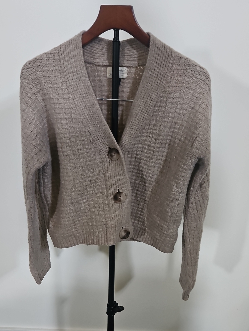 Waffle-Knit V-Neck Cardigan Sweater in Taupe - CROPPED